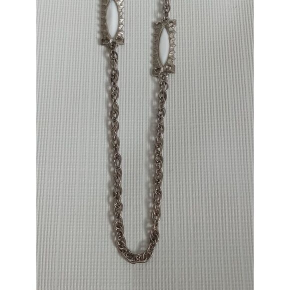 Solid White & Silver Toned Metal Rectangle Accents Long Length Layering Necklace - Picture 6 of 9